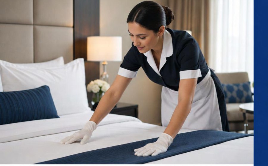Housekeeping professional preparing a room